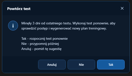 Okno przypomnienia o powtórzeniu testu