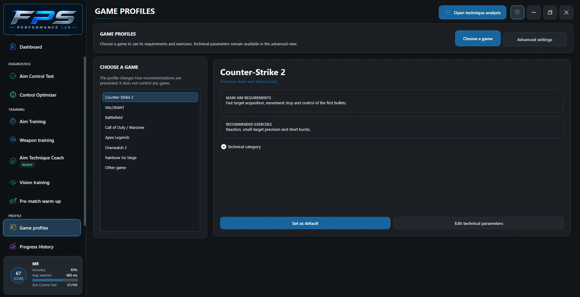 Game and Settings Profiles. Archive screenshot: 1.8.57, EN. Example results, not a population benchmark.