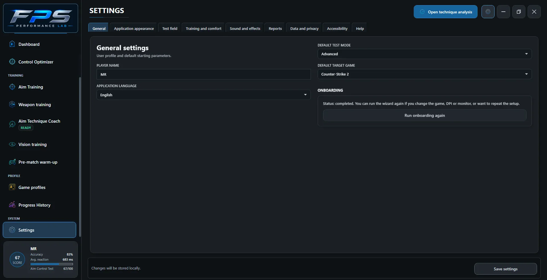 Settings and Data. Archive screenshot: 1.8.57, EN. Example results, not a population benchmark.