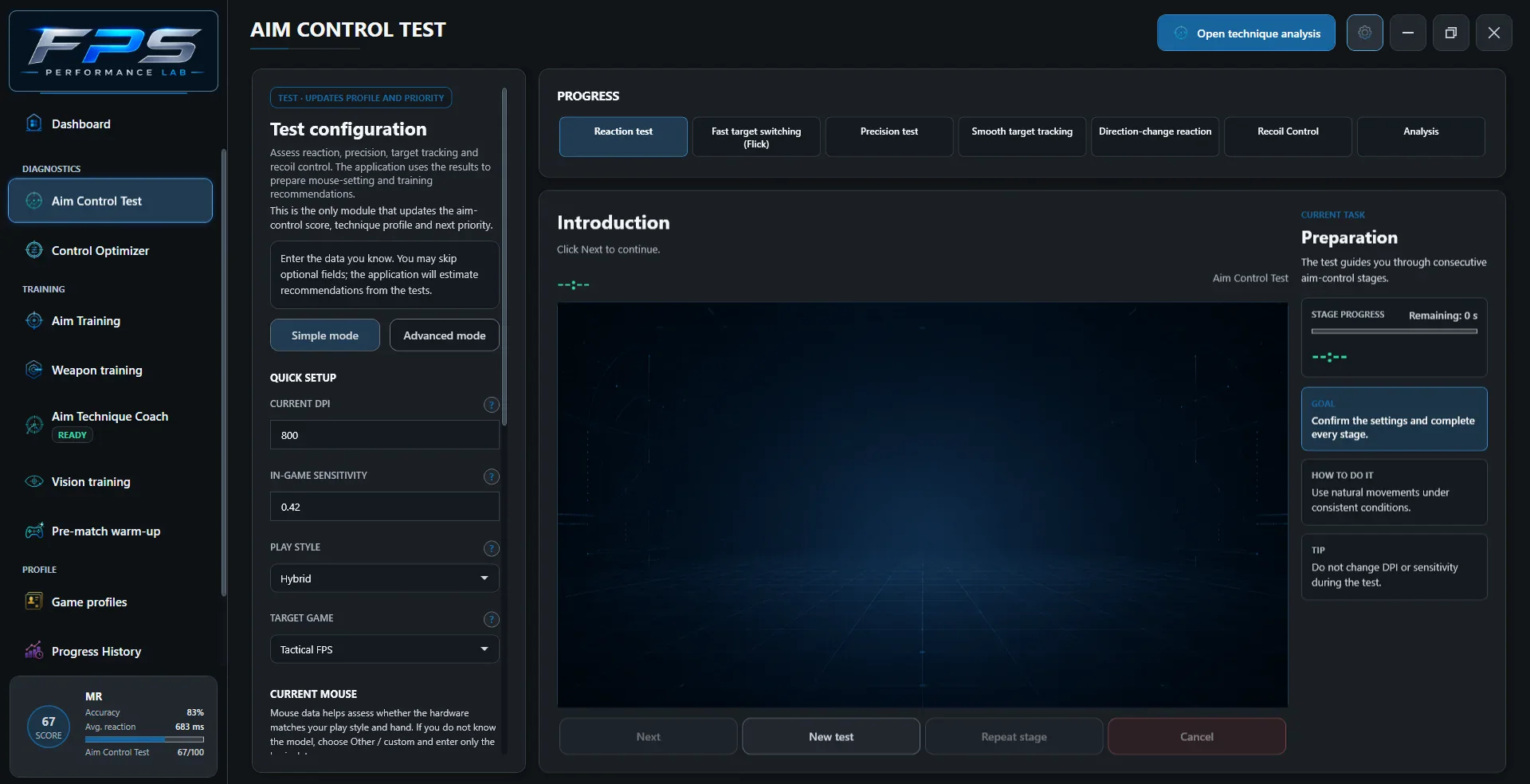 Aim Control Test. Archive screenshot: 1.8.57, EN. Example results, not a population benchmark.
