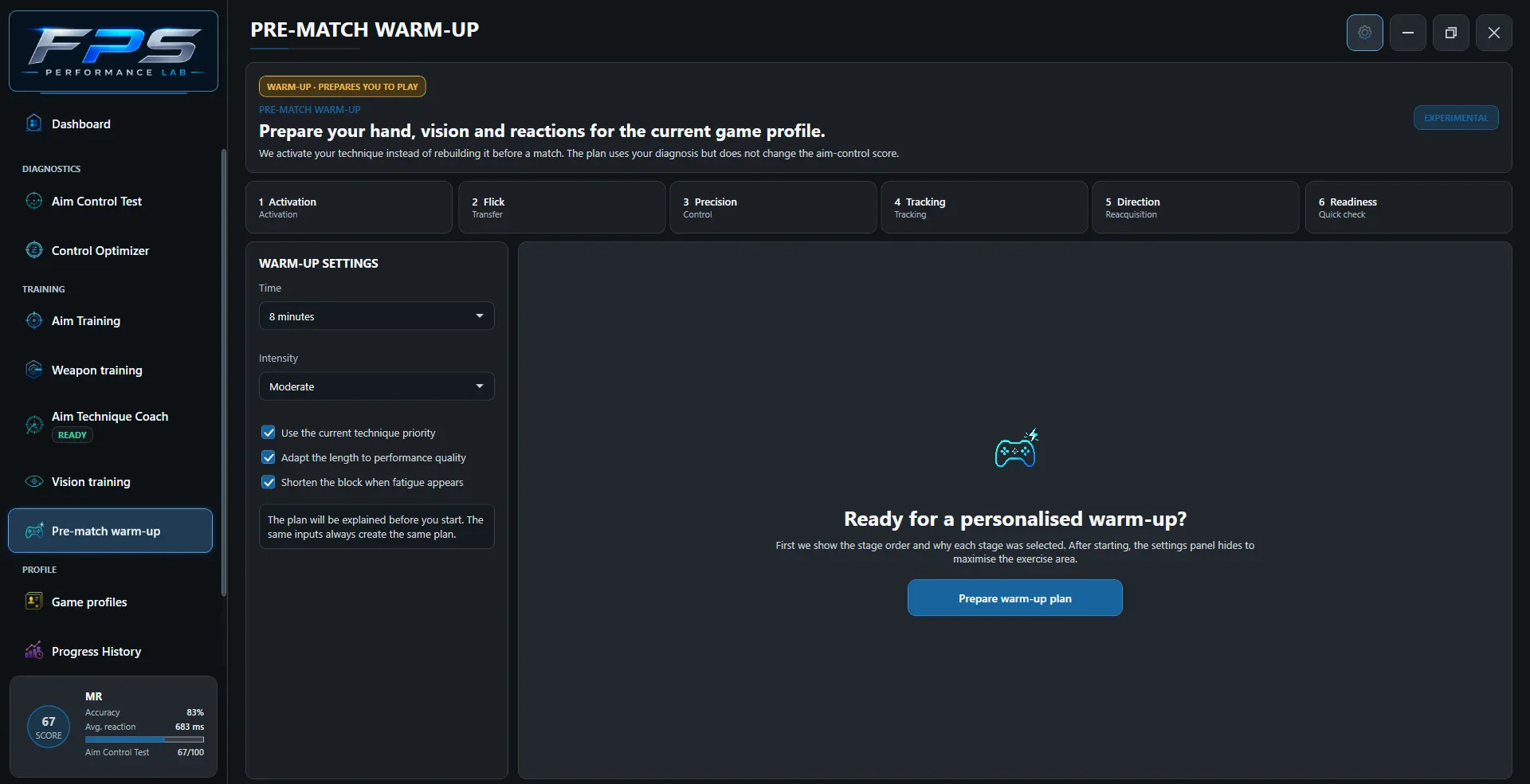Pre-Match Warm-Up. Archive screenshot: 1.8.57, EN. Example results, not a population benchmark.