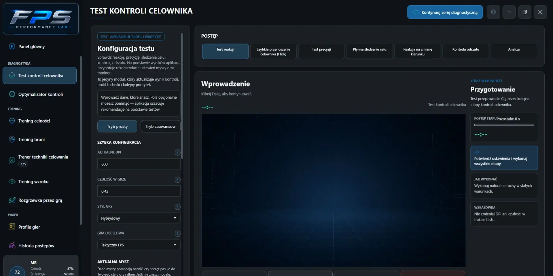 Test kontroli celownika. Materiał z publicznej strony Steam: 1.8.44, PL. Przykładowe wyniki, nie benchmark populacyjny.
