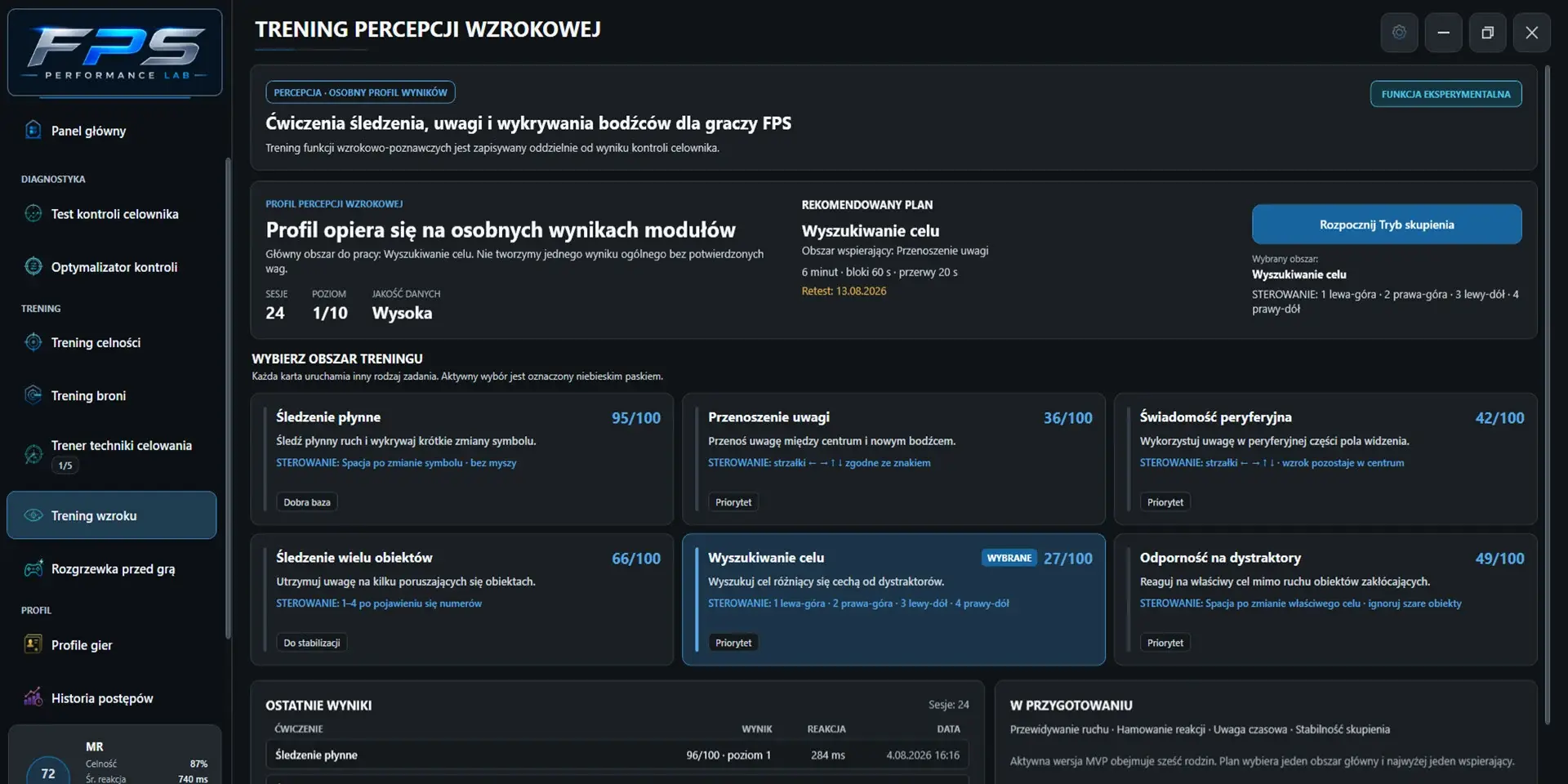 Trening percepcji wzrokowej. Materiał z publicznej strony Steam: 1.8.44, PL. Przykładowe wyniki, nie benchmark populacyjny.