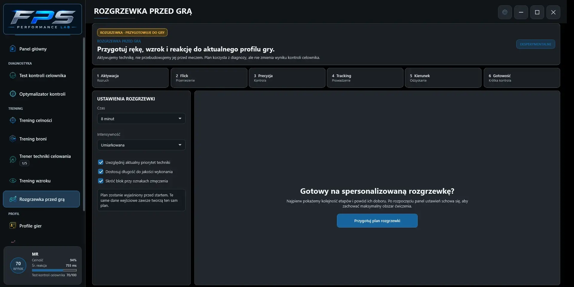 Rozgrzewka przed grą. Materiał archiwalny: 1.8.39, PL. Przykładowe wyniki, nie benchmark populacyjny.