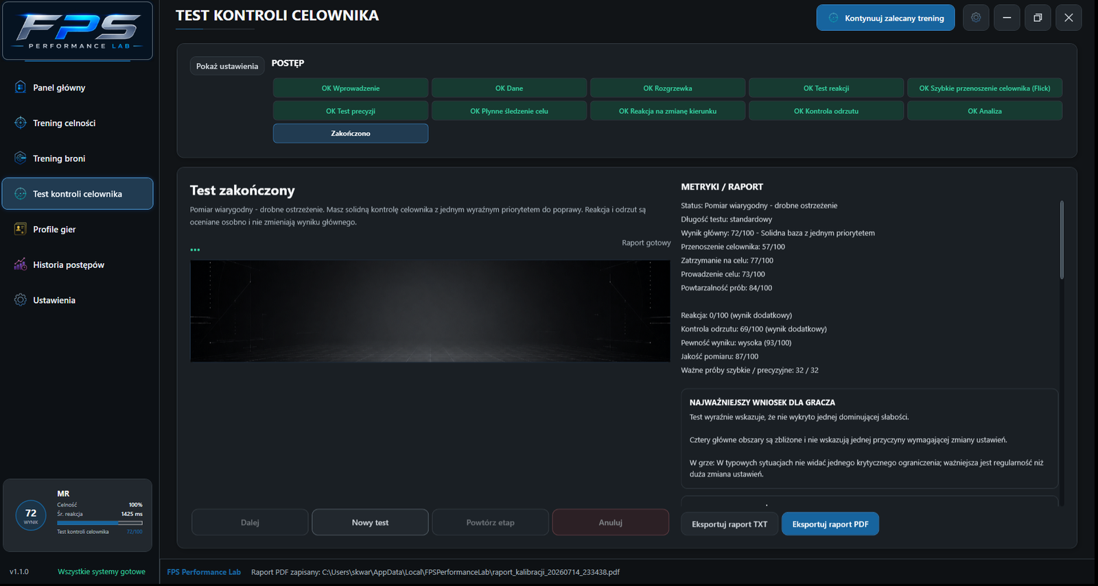 Ekran zakończonego testu kontroli celownika