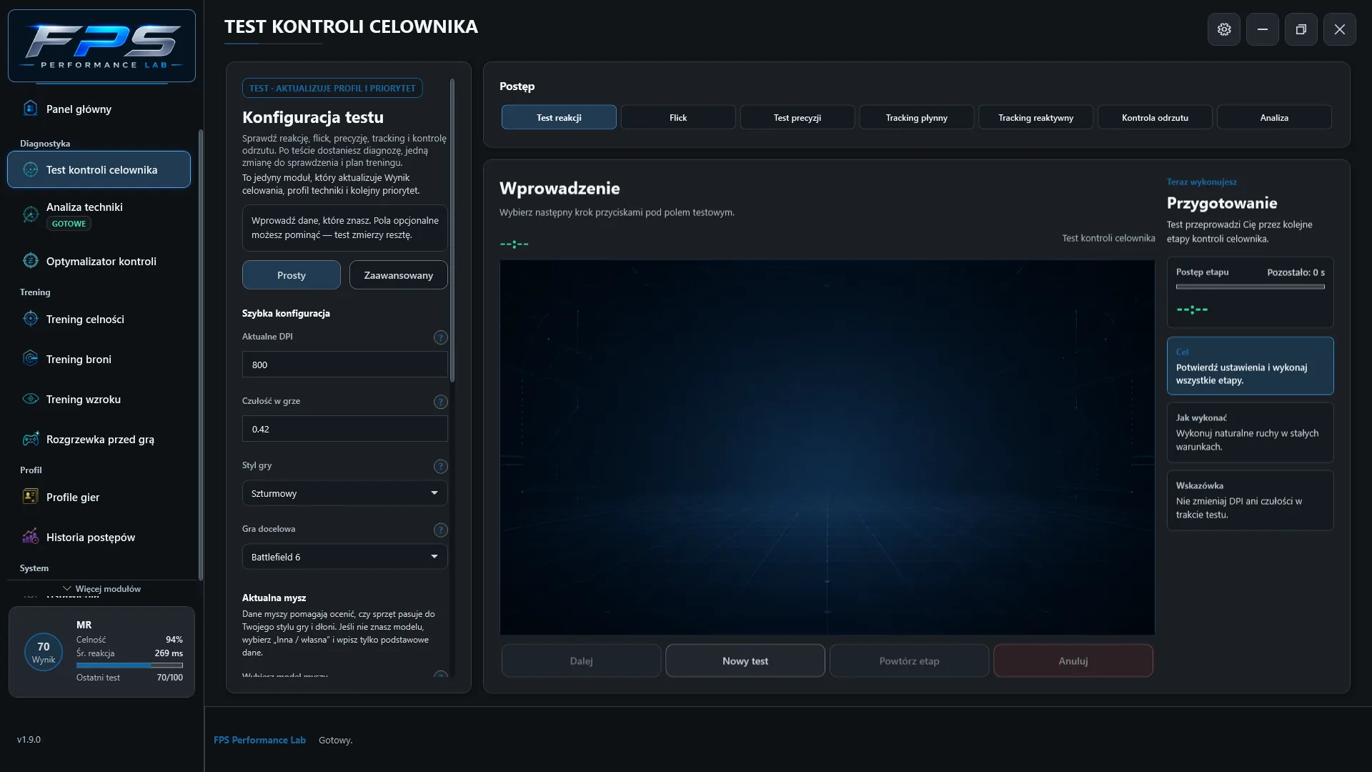 Test kontroli celownika w FPS Performance Lab 1.9.0 – pomiar odbywa się w oknie aplikacji.